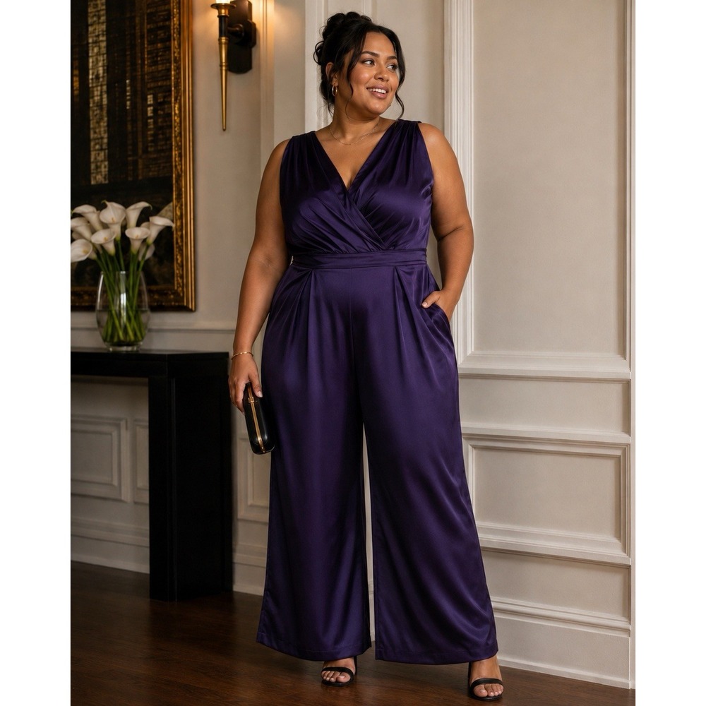 ELOQUII Purple Satin Wide Leg Jumpsuit Women's 16 NWT V-Neck